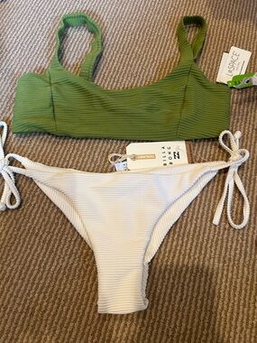 NWT L SPACE/ Billabong Olive Green Ribbed Bikini Top & Ivory Ribbed bottoms M/L
